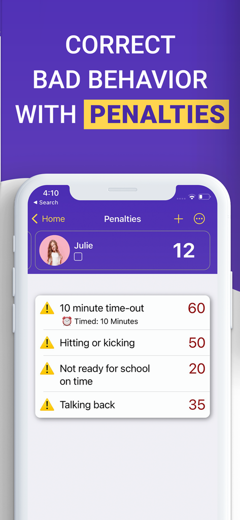 Mobile app interface showing a list of behavior penalties and point deductions for children.