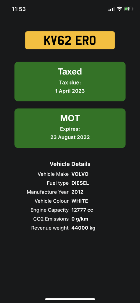 A display of UK vehicle registration status showing MOT and tax expiry dates with technical specifications.