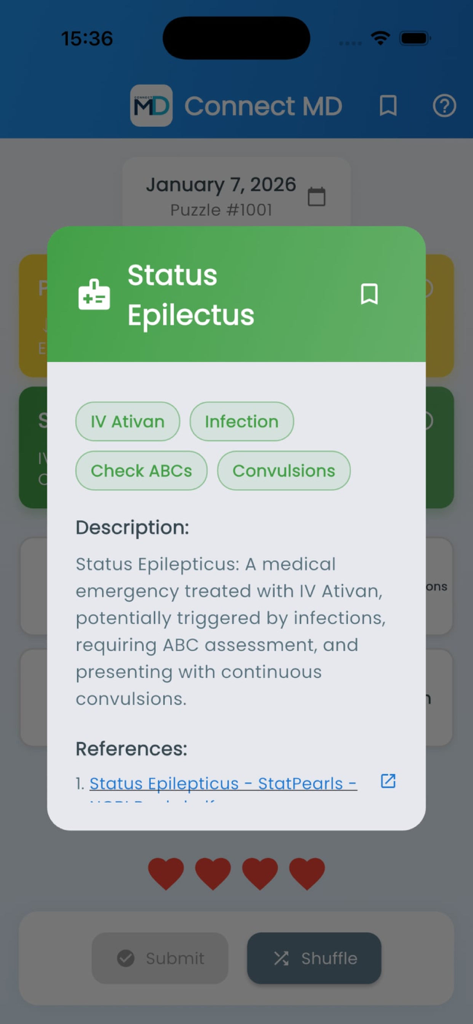 Connect-MD - Interfaz de la aplicación Connect-MD que muestra una explicación de categoría médica para Status Epilepticus con términos y descripción clínica.