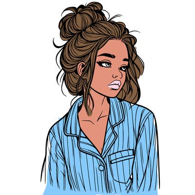 realistic woman with pajamas on and a messy bun