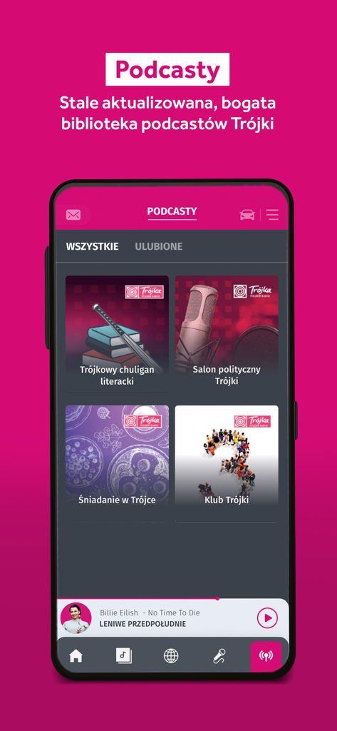 Trójka Polskie Radio - Interface of the Trójka Polskie Radio app showing a library of podcasts including political and literary programs