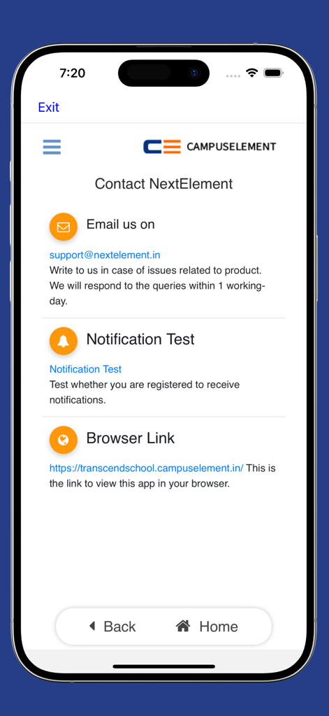 Transcend Education - Página de contacto de soporte para la aplicación Transcend Education que muestra el contacto por correo electrónico y las opciones de prueba de notificación.