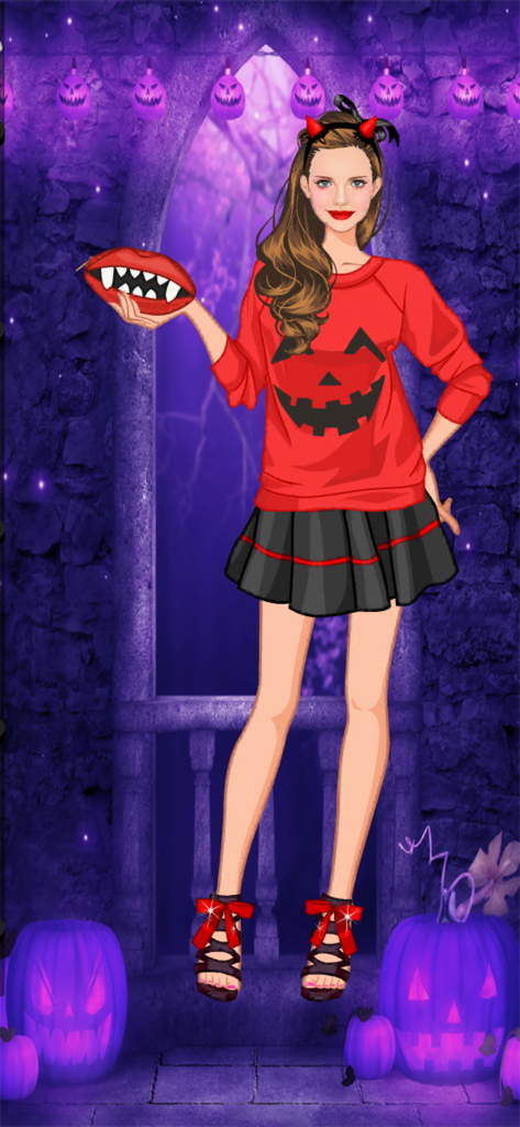 Ein Mädchen-Charakter in einem Kürbis-Pullover und Teufelshörnern für ein Halloween-Ankleidespiel.