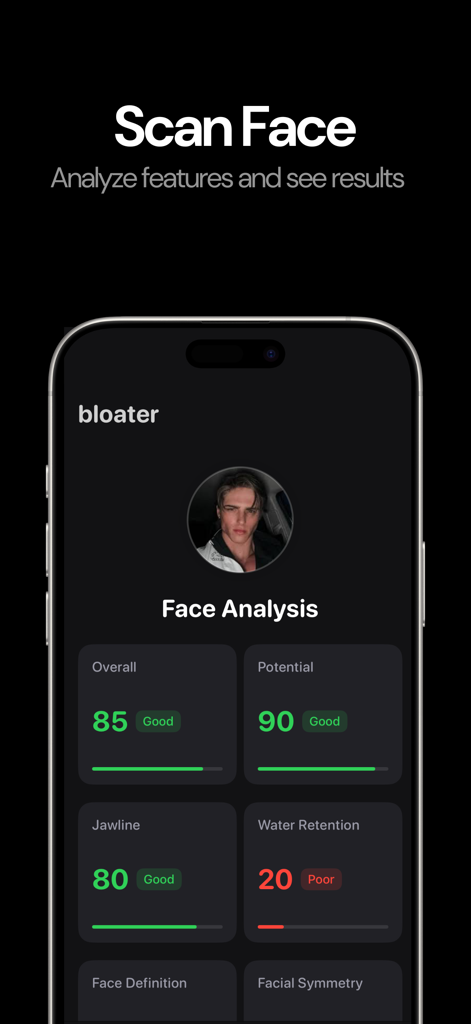 A smartphone screen showing the bloater ai app face analysis interface with scores for jawline and water retention