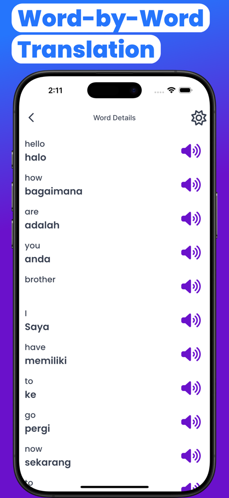 Malay-English Translator Words - Malay English word by word translation screen with audio playback icons