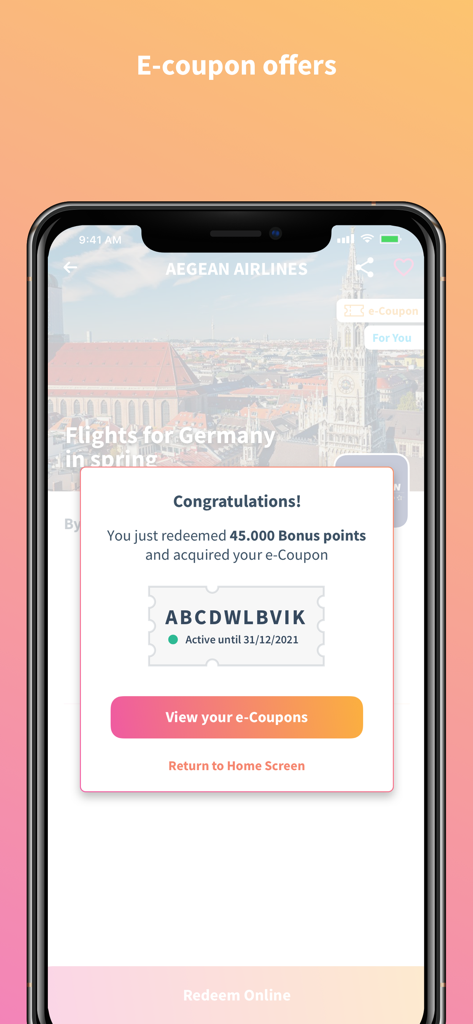 A mobile screen showing a successful e-coupon redemption for Aegean Airlines flights using Alpha Bank Bonus points