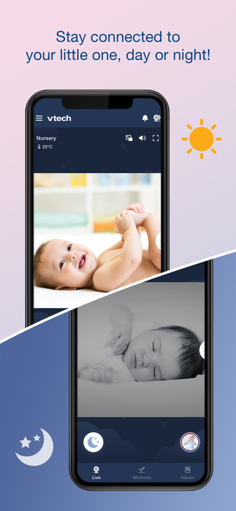 Interfaz de la aplicación MyVTech Baby Plus mostrando transmisiones de video de día y de noche de un bebé