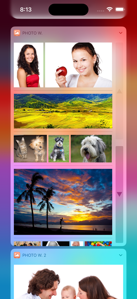 Photo Widget - Benutzerdefinierte Foto-Widgets auf einem iPhone-Bildschirm mit Familienhaustieren und Landschaften