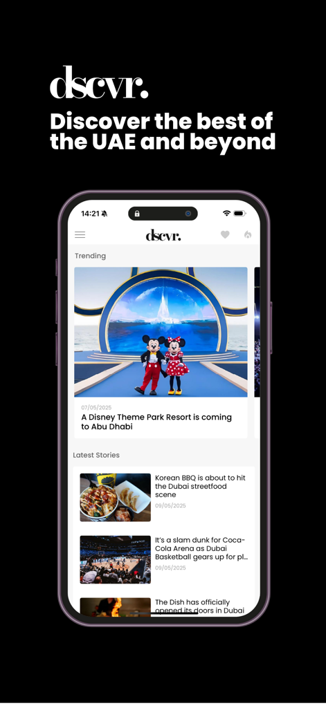 Captura de tela do aplicativo dscvr mostrando notícias em alta e histórias de estilo de vida nos Emirados Árabes Unidos