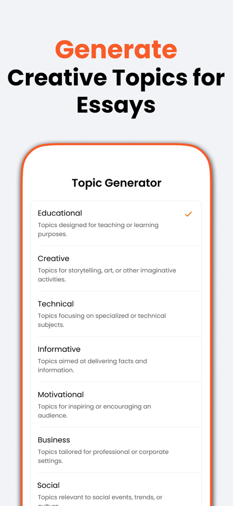 Ein Screenshot der AI Essay Writer App, der den Bildschirm des Themen-Generators mit Kategorien wie Bildung, Kreativität und Technik zeigt
