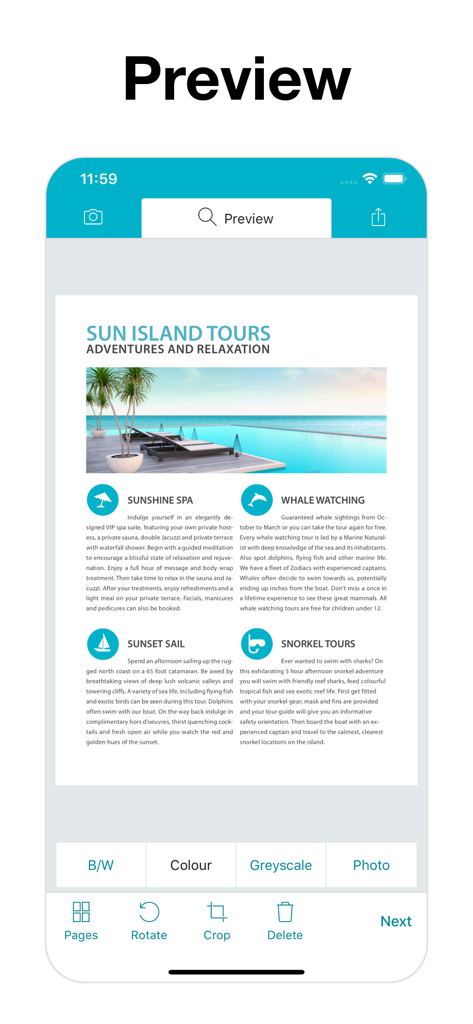Écran de prévisualisation des documents de Scan App plus montrant une numérisation couleur d'une brochure de voyage avec des outils d'édition comme le recadrage et la rotation