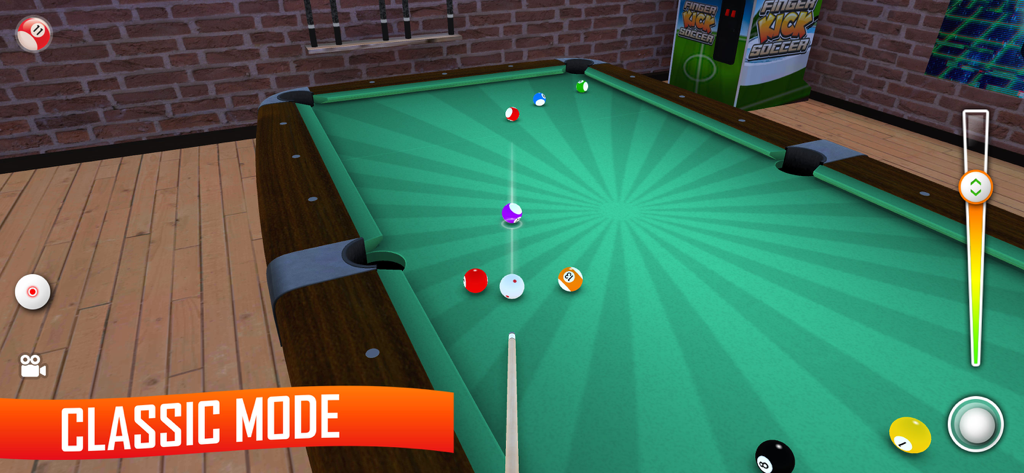8 Ball Pool & Snooker Billiard - Billiard table with colorful balls and a cue stick in classic mode