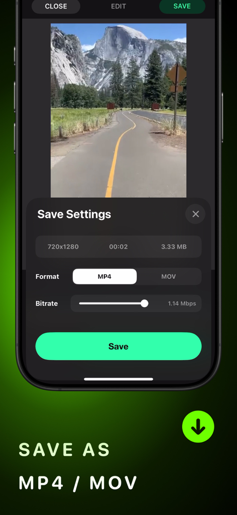 AI Video Eraser - Interface of the AI Video Eraser app showing options to save a video as MP4 or MOV.