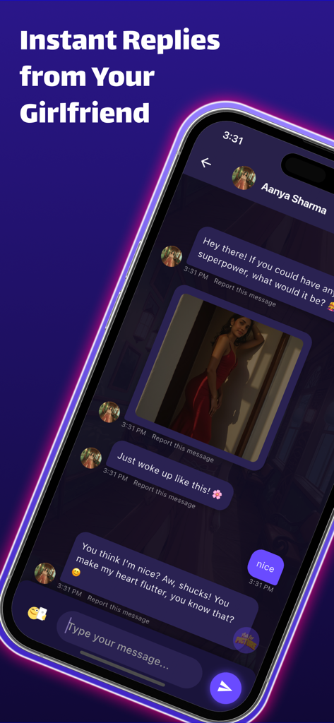 Mobile Chat-Oberfläche von Love Chat with AI Girlfriend, die Sofortnachrichten und eine Funktion zum Teilen von benutzerdefinierten Fotos zeigt.