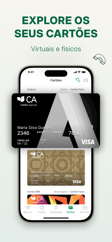 CA Mobile - Ecrã móvel da aplicação CA Mobile exibindo cartões bancários virtuais e físicos