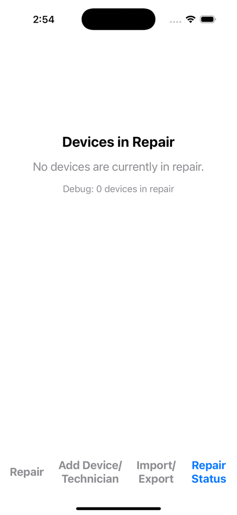 iPhone screenshot showing the empty repair status screen in the Repair Tracking app