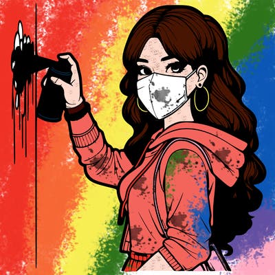 realistic girl with mask spray painting a wall