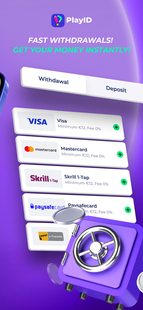 Écran de l'application PlayID montrant les méthodes de retrait instantané, y compris Visa, Mastercard et Skrill