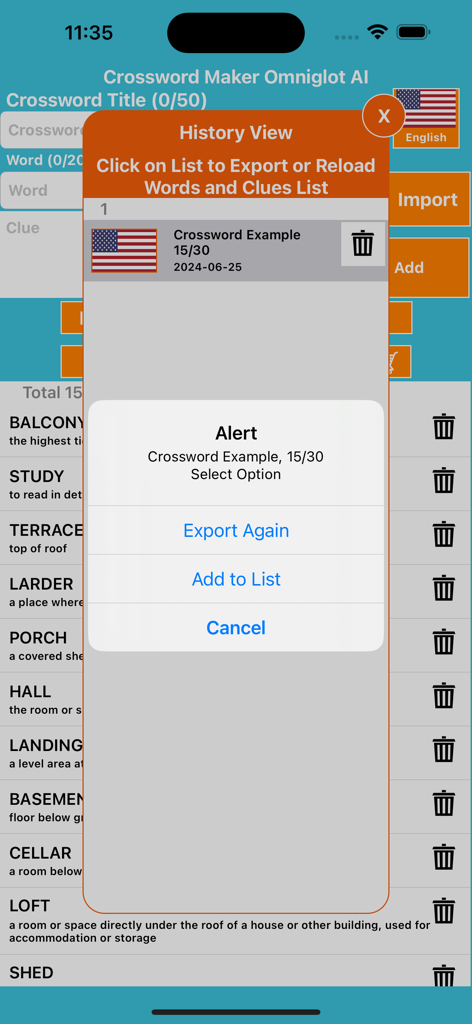 Crossword Maker Omniglot - History view of the Crossword Maker Omniglot app showing puzzle export options