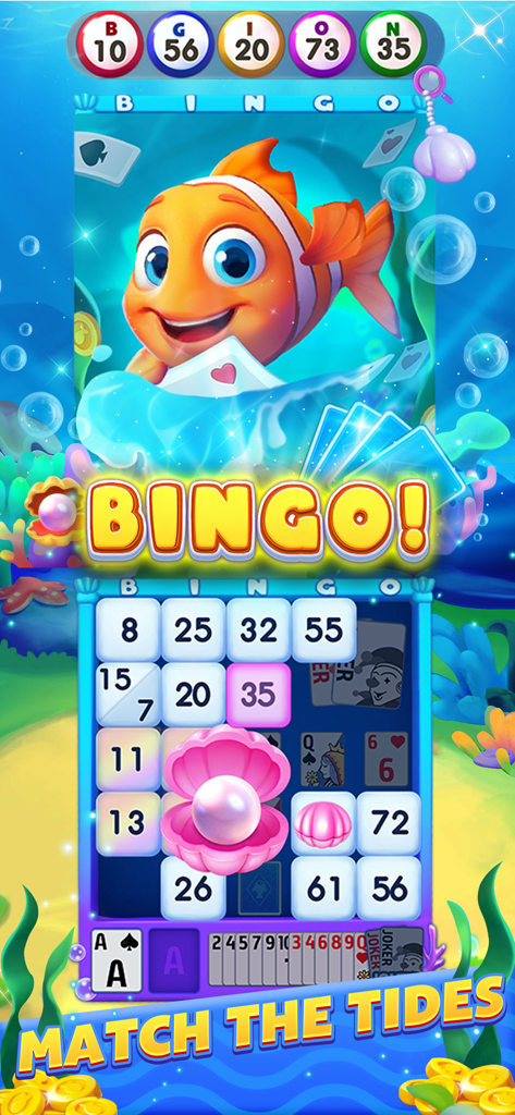 Live Party Bingo -Casino Bingo - Schermata di gioco di Live Party Bingo con un tema marino subacqueo con un personaggio pesce pagliaccio e una cartella del bingo.