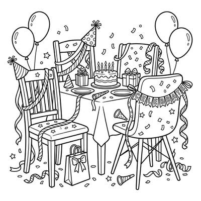 Immerse yourself in the joy of a birthday celebration with this detailed coloring page, featuring beautifully decorated dining chairs. This festive scene, complete with cake, gifts, and balloons, is waiting for your vibrant artistic flair.