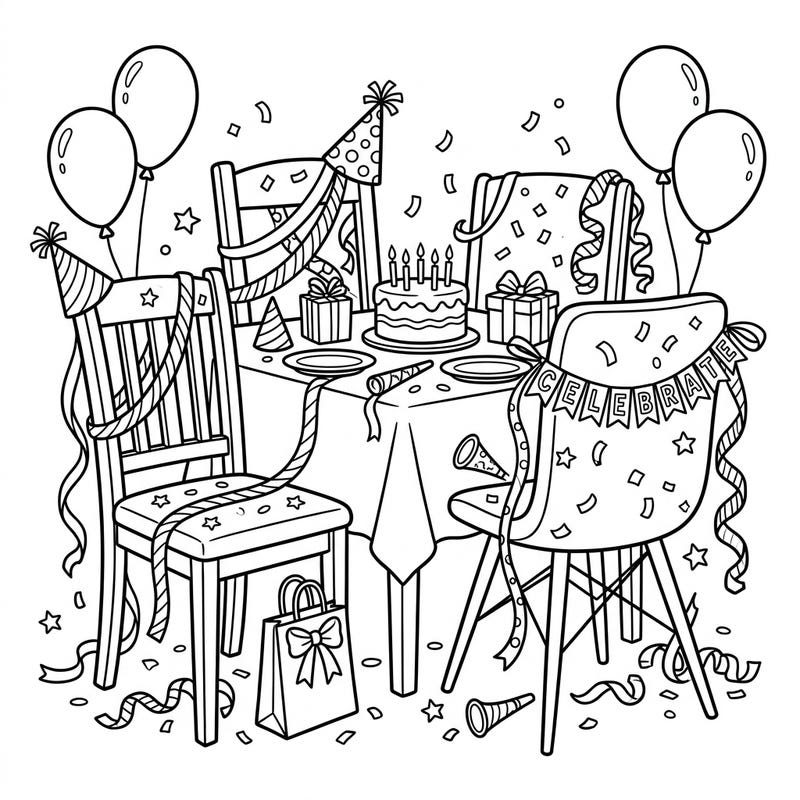 Immerse yourself in the joy of a birthday celebration with this detailed coloring page, featuring beautifully decorated dining chairs. This festive scene, complete with cake, gifts, and balloons, is waiting for your vibrant artistic flair.