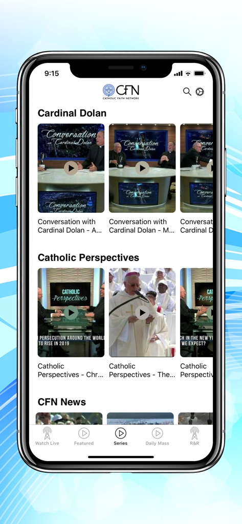 Catholic Faith Network app series screen featuring Cardinal Dolan and Catholic Perspectives videos