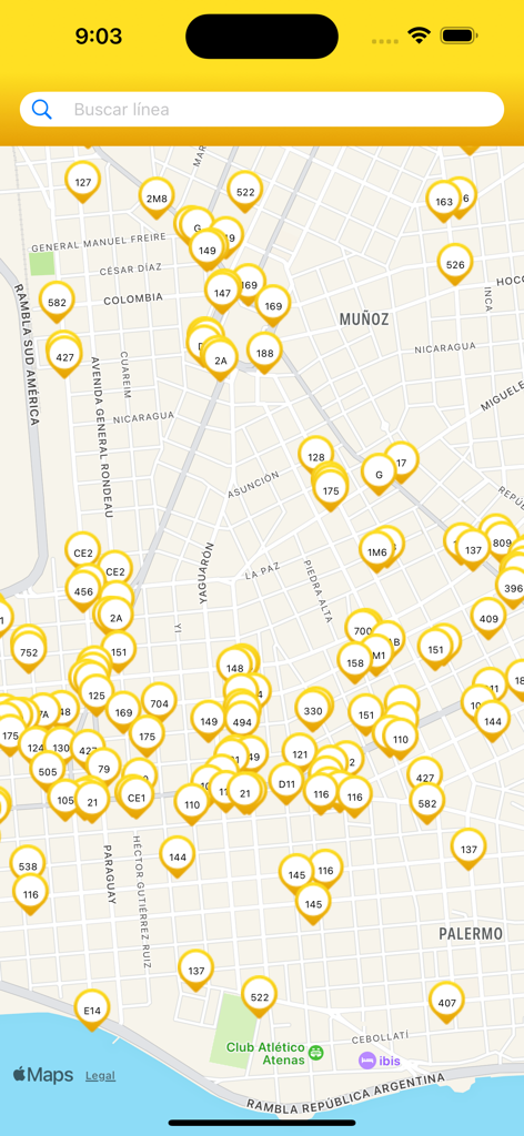 VoyEnBondi - Vista de mapa que muestra las posiciones de los autobuses en tiempo real con marcadores numerados en Montevideo