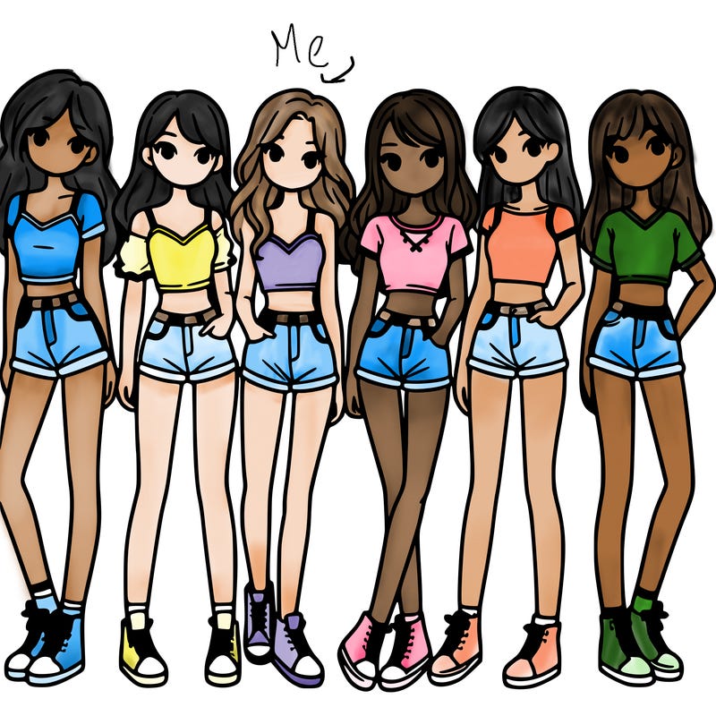 a group of girls wearing crop tops and shorts
