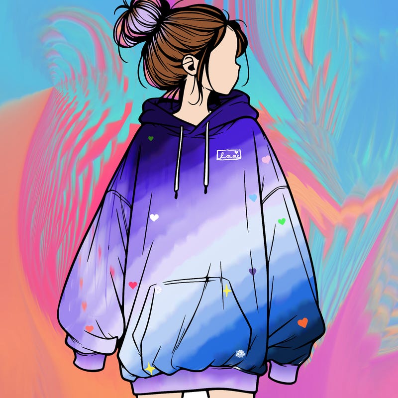 realistic girl with a oversized sweatshirt on and a bun