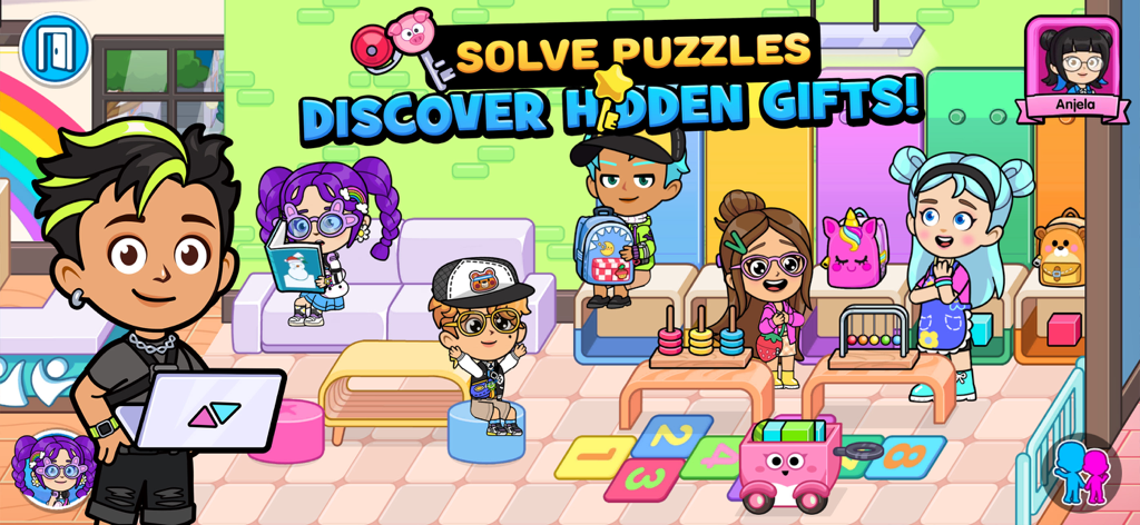 Cartoon characters in a Towniz classroom environment with puzzles and toys