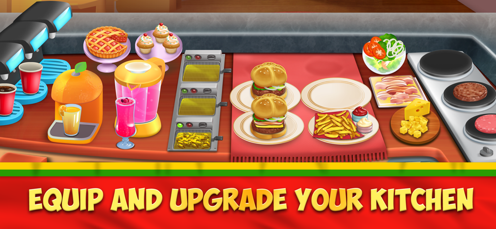 My Burger Shop 2 - My Burger Shop 2 のゲームプレイ画面。食品とキッチン設備が表示され、「キッチンを装備してアップグレードする」というテキストが表示されています