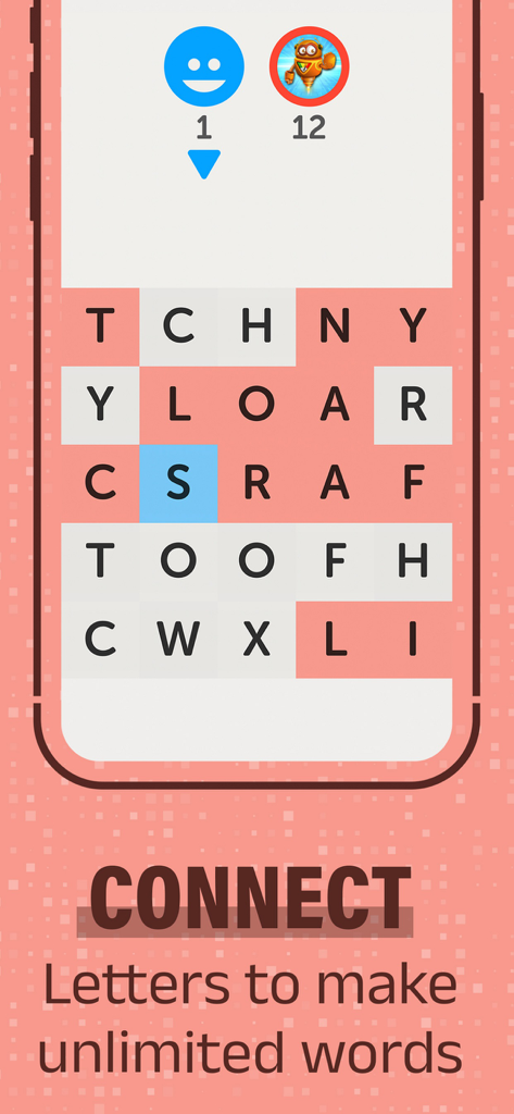 Letterpress – Word Game - A minimalist word game board with a grid of letters and scores between a player and a robot bot.
