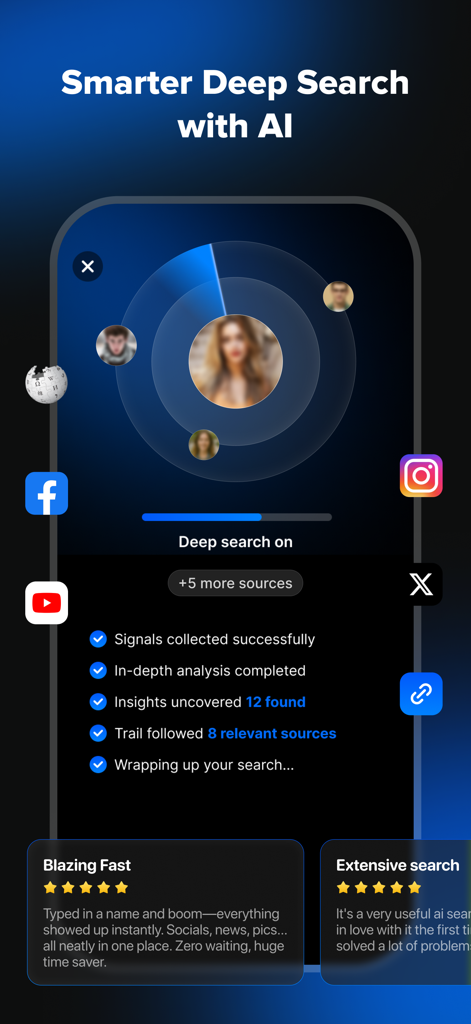 TruthSeek app interface showing an AI-powered deep search scanning multiple social media platforms with a status checklist and user reviews.