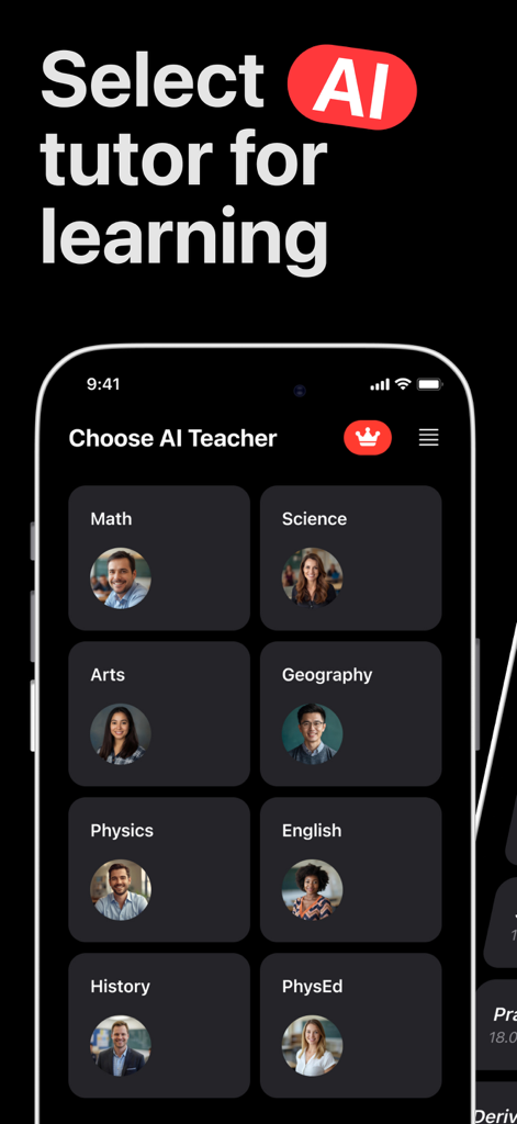 AI Math Solver Helper - Msol - A screenshot of the Msol app showing various AI teacher profiles for subjects including Math Science Arts and History