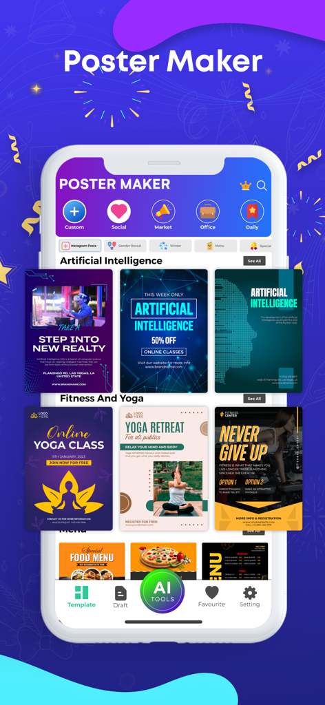 Flyer Maker · Poster Maker - Pantalla de smartphone mostrando la interfaz de la aplicación Poster Maker con varias plantillas de diseño para negocios y redes sociales