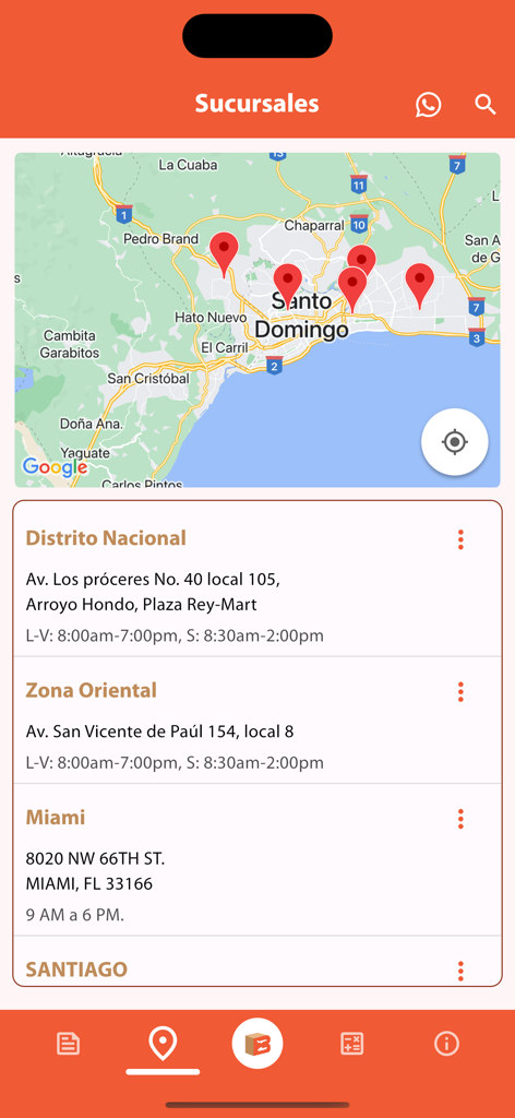 Boxpaq - Schermata dell'app mobile Boxpaq che mostra una mappa delle filiali e un elenco di indirizzi a Santo Domingo e Miami.