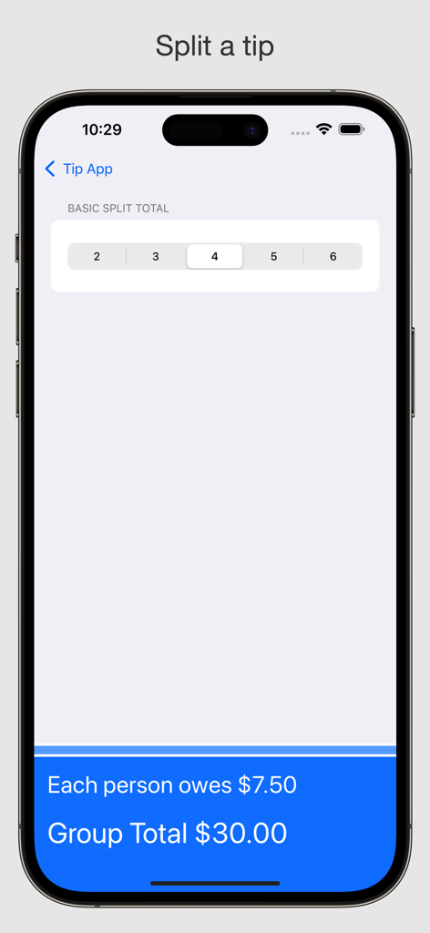 Interface de la Calculatrice de pourboires montrant une addition de 30 dollars partagée entre 4 personnes
