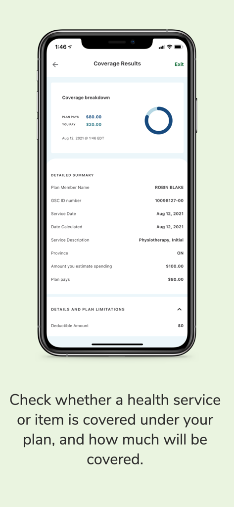 Mobile app screen showing a health insurance coverage breakdown with plan payments and user costs for a medical service