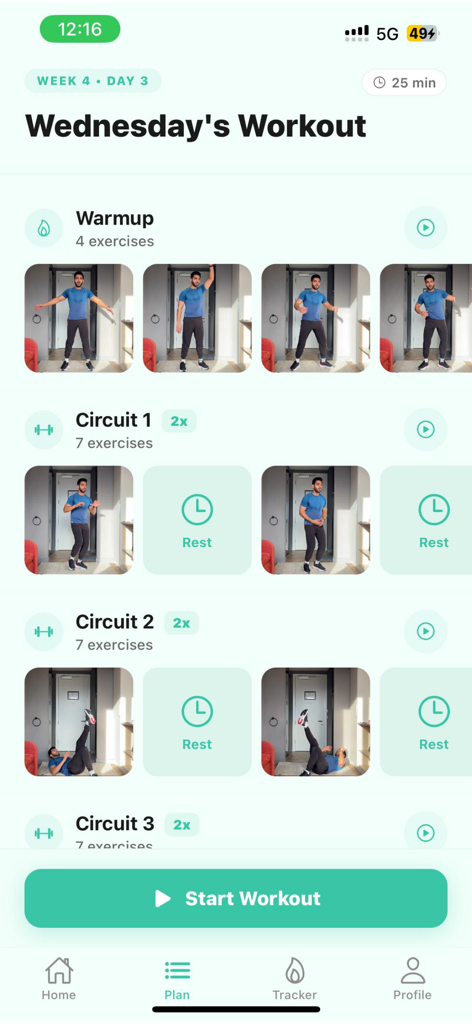 SweatFit - A mobile interface for the SweatFit app showing a daily workout routine with video demonstrations for warmup and exercise circuits.