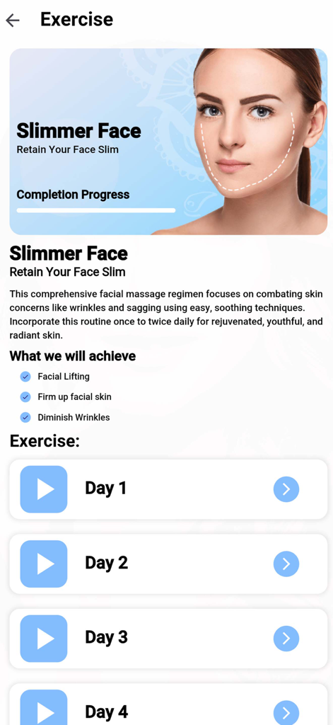 Exercise screen for a slimmer face plan in the Jawline Exercises and Face Yoga app showing a daily workout schedule