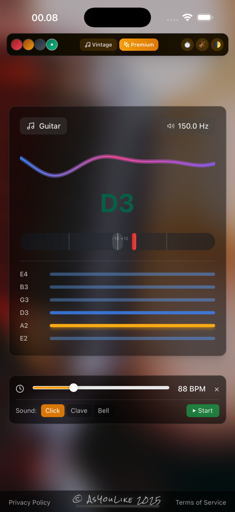 TuneMe Pro - Interfaz de la aplicación TuneMe Pro que muestra la afinación cromática de guitarra para la nota Re3 y un metrónomo integrado a 88 BPM