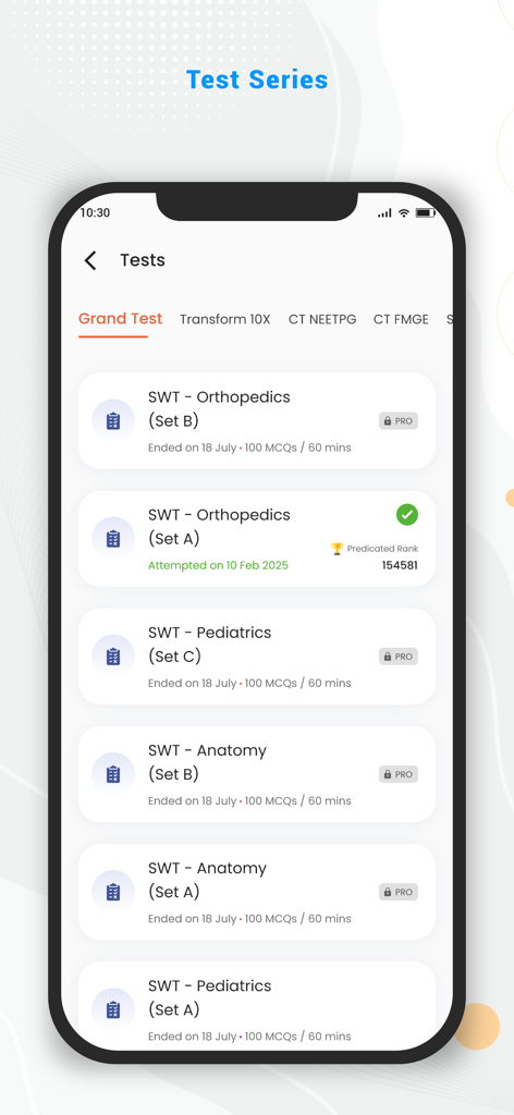 DAMS | NEET PG, FMGE - Mobile interface of the DAMS app showing a list of medical grand tests for subjects like Orthopedics and Anatomy with predicted ranks and test details.