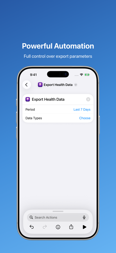 iPhone screen showing Siri Shortcut integration for automated health data export
