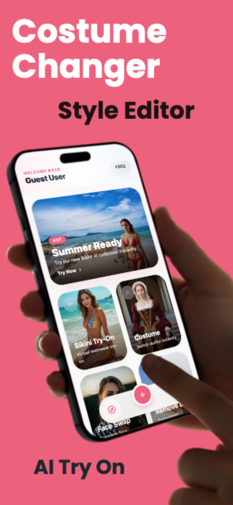 Try Bikini:AI Outfit Changer - Smartphone displaying the Try Bikini app interface with features for AI costume changing and style editing