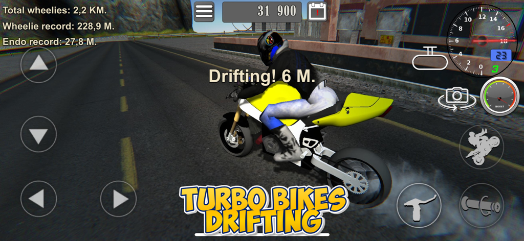 Wheelie King 3D - Una moto amarilla realizando un derrape en una carretera pavimentada en Wheelie King 3D