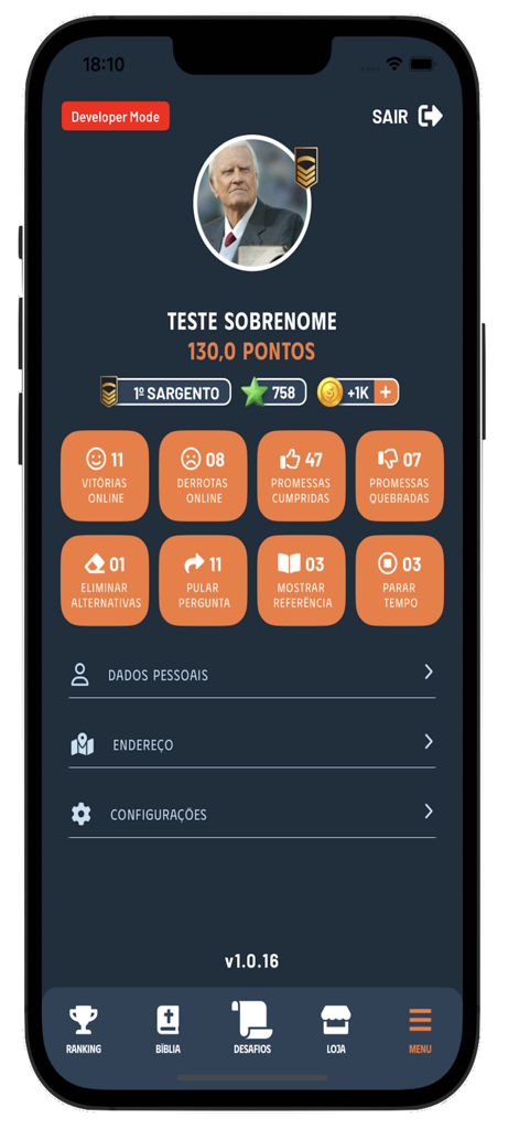Bíblia Play - Uma captura de tela do aplicativo Biblia Play mostrando um perfil de usuário com classificação de pontos e estatísticas de jogo.