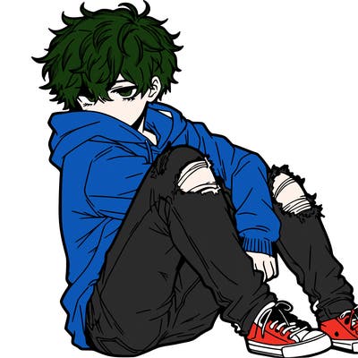 a male hoddie ripped jeans messy hair anime