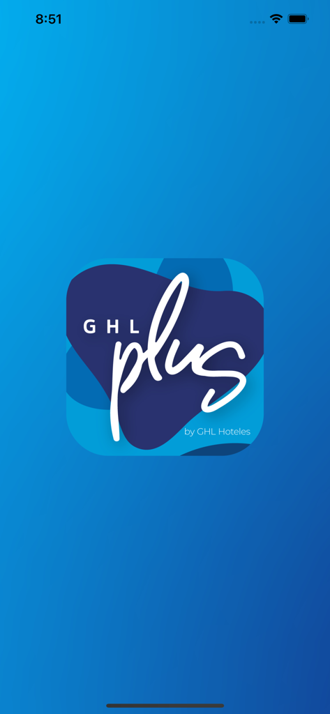 GHL Plus - Pantalla de inicio de la aplicación de viajes GHL Plus con el logo sobre un fondo azul