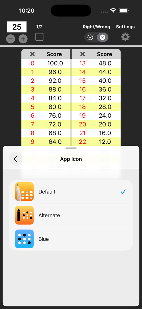 Easy Grade - EZ Grader - Easy Grade App-Oberfläche, die eine Bewertungstabelle und Optionen zur Anpassung von Symbolen anzeigt